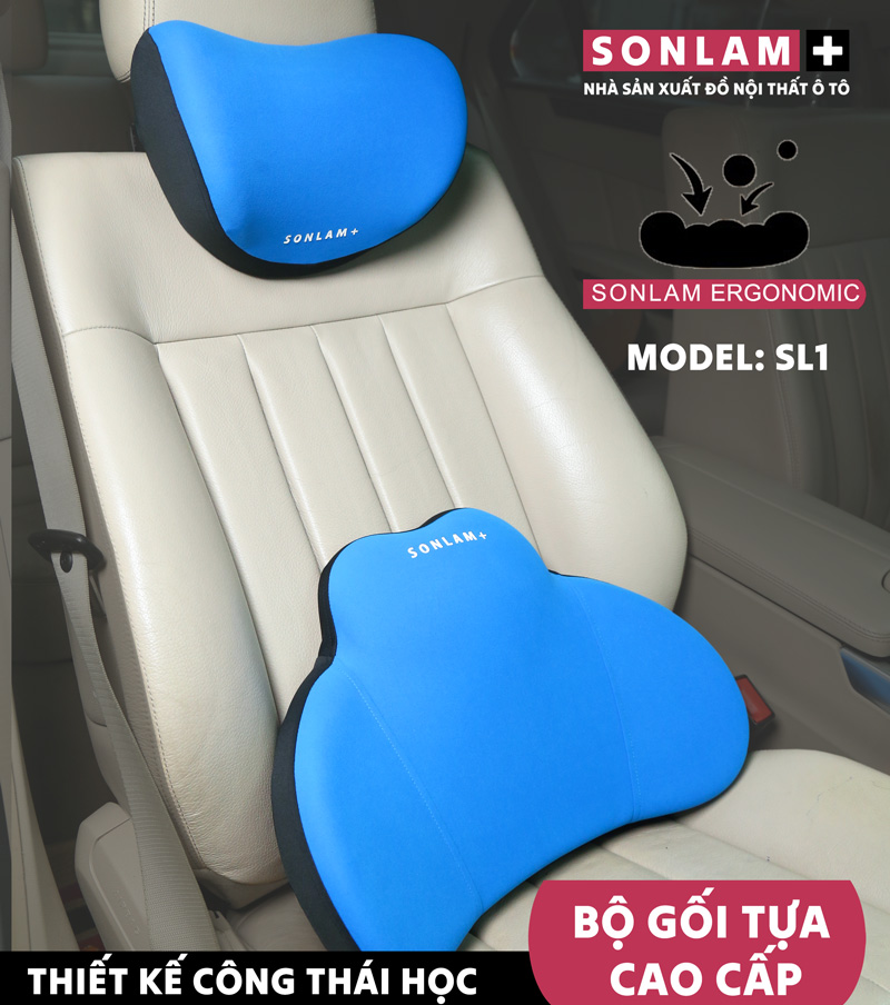 Bộ gối tựa đầu ô tô – gối tựa lưng cao cấp – Thiết kế công thái học SL1 - Màu Blue